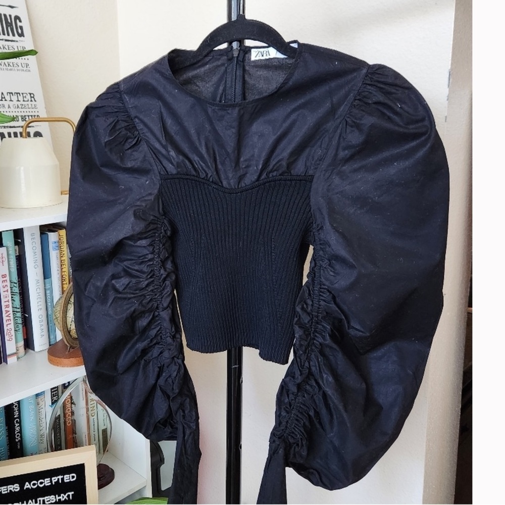 Zara Black Ribbed Bustier Mutton Long Ruched Sleeve Top